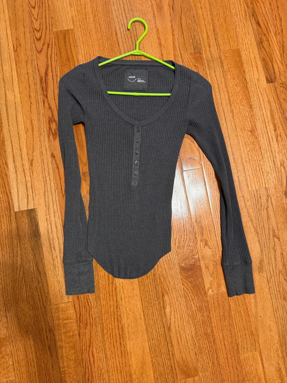 aerie Charcoal Ribbed Henley Long Sleeve Top